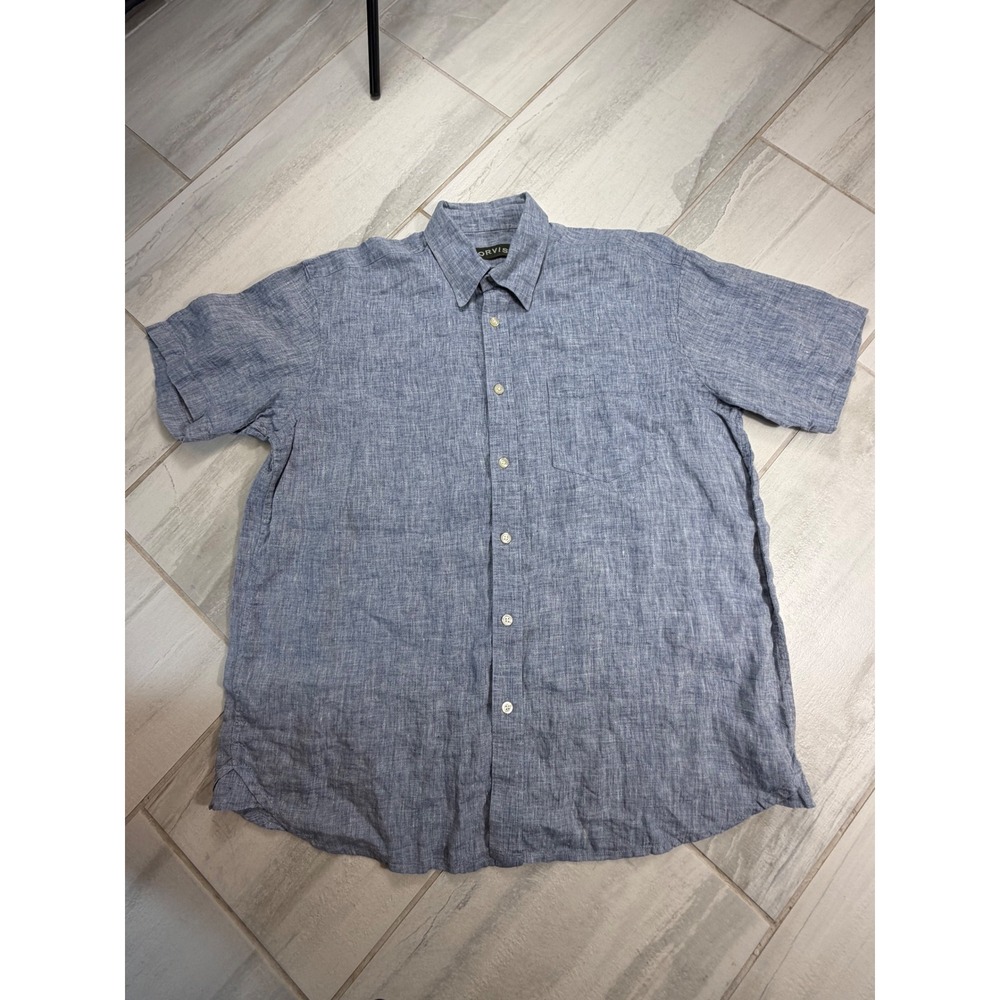 Orvis Mens XL Blue 100% Linen Short Sleeve Button Down Shirt Casual Coastal